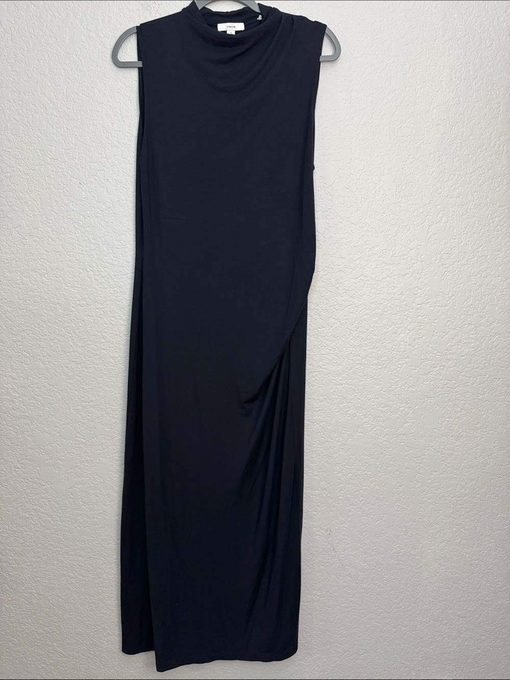 Vince Ruched Mock Neck Black Maxi Dress Large Sleek Chic Basic Jersey - Picture 2 of 6